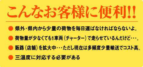 ● 県外・県内から少量の荷物を毎日運ばなければならないよ。● 荷物量が少なくても1車両（チャーター）で走らせているんだけど・・・。● 販路（店舗）を拡大中・・・ただし現在は多頻度少量輸送でコスト高。● 三温度に対応する必要がある