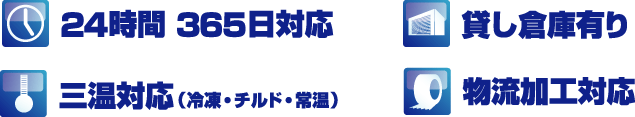 24時間 365日対応　貸し倉庫有り　三温対応（冷凍・チルド・常温）　物流加工対応